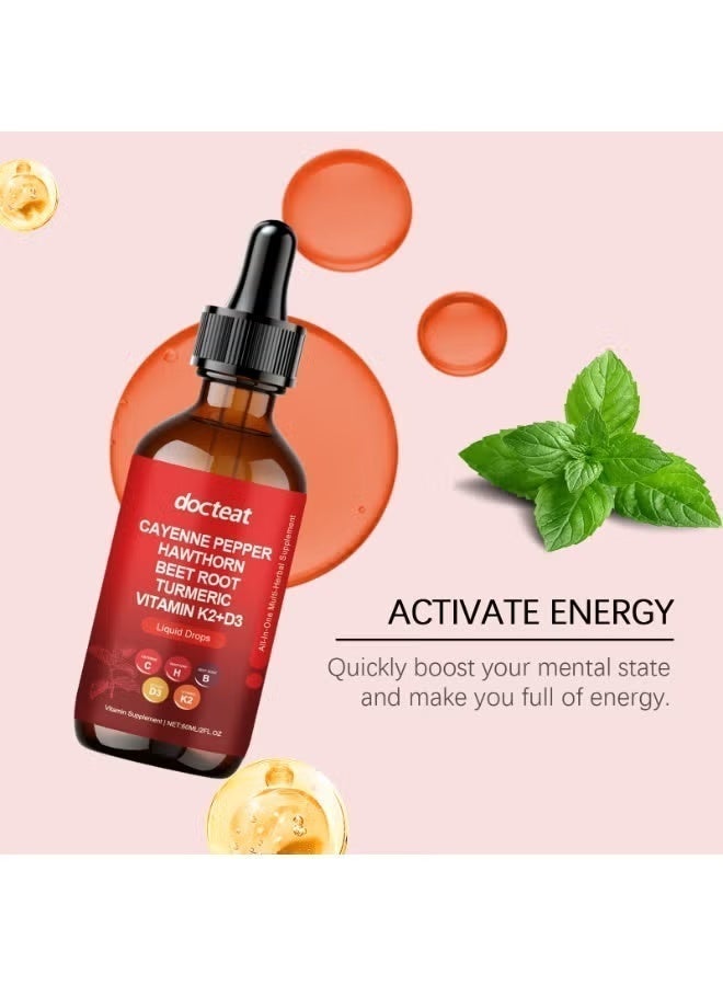 دوكتيت 2-PACKS مكمل فيتامين ، قطرات سائلة مركبة متعددة التأثيرات (فلفل كايين + الشوك + البنجر + الكركم + فيتامين K2 + D3) 60 مل * 2 - Image 5